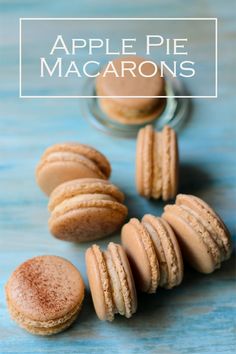 apple pie macarons on a blue table with the title overlay above it