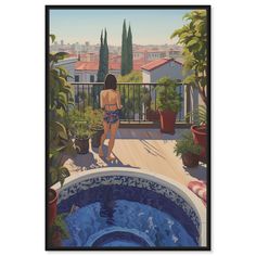 a painting of a woman standing on a balcony looking out at the city and pool