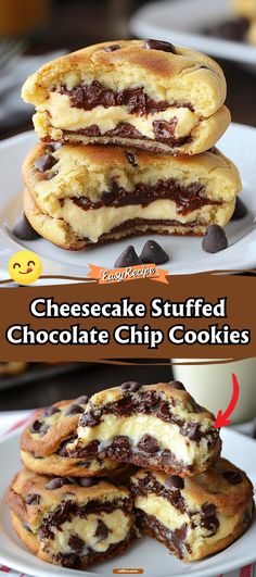 chocolate chip cookies stacked on top of each other with the words cheesecake stuffed chocolate chip cookies