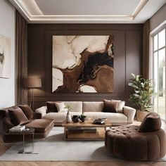 a living room filled with furniture and a painting on the wall