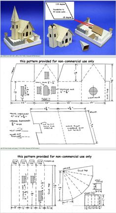 the plans for a doll house are shown in three different views, including one with an attic