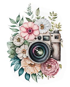 a camera with flowers and leaves around it