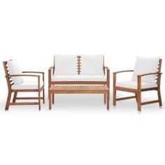 three pieces of wood furniture with white cushions