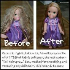 before and after photos of doll hairspray with text describing how to use it