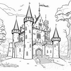 a castle in the woods with stairs and steps leading up to it, coloring page