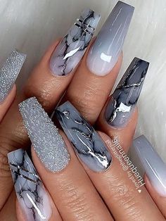 Amazing grey coffin shaped nails with marble, glitter, and ombre grey nails for inspiration! #graynails #coffinnails #marblenails #glitternails #winternails Gray Nail, Marble Nail Designs, Elegant Nail, Marble Nail, Valentine Nails, Ombre Acrylic Nails, Gray Nails, Coffin Shape Nails