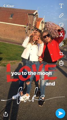 two girls standing next to each other with the words love and life written on them