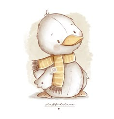 a drawing of a duck with a scarf around it's neck holding a teddy bear