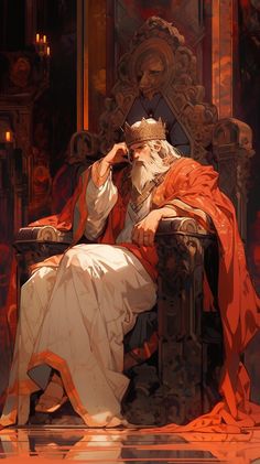 a painting of an old man sitting on a throne