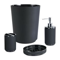 a black bathroom set with soap dispenser, toothbrush holder and cup