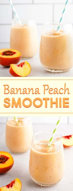 two glasses filled with banana peach smoothie next to sliced peaches