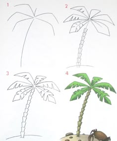 an illustrated drawing of a palm tree and some animals on the beach, with instructions for how to draw it