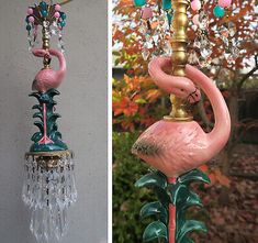 a pink flamingo chandelier hanging from the side of a building next to an image of a pink flamingo