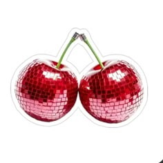 two shiny red cherries with green stems