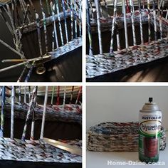 four different pictures show the process of making a woven basket with yarn and scissors on it