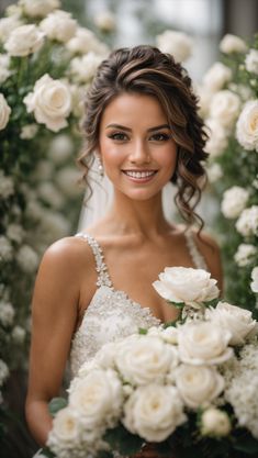 a woman in a wedding dress holding a bouquet of white flowers and smiling at the camera