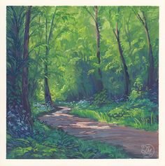 a painting of a path in the woods