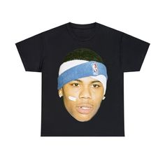 a black t - shirt with an image of a young man wearing a headband