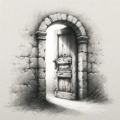 a drawing of an open door in a stone wall