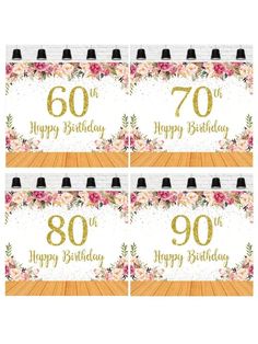 four happy birthday bottle wrappers with flowers and the number seventy in gold on them