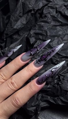 Purple Black Nail Art, Acrylic Nail Designs Stiletto Pointy, Edgy Birthday Nails, Purple Grunge Nails, Goth Fall Nails, Purple Flame Nails, Emo Nails Ideas, Dark Purple Nails With Design, Purple And Black Nail Ideas