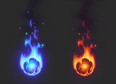 three different types of fire and water on a black background, one is blue, the other is red