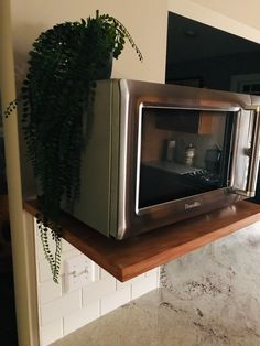 a silver microwave oven sitting on top of a wooden shelf next to a potted plant