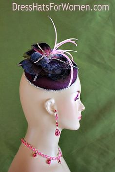 Women's Egg Plant Purple Sinamay Straw Velvet Flower Fashion Designer Haute Couture Hat Headpiece Wedding Fascinator Hair Accessory. A Large Vintage Beautiful Purple And Pink Flower Is Placed On An Eggplant Purple Simulated Straw Round Base, Accented With Pink Feathers. Acrylic Rhinestones Are Placed Within The Flowers And Base Of The Feathers. A Row Of Acrylic Rhinestone Encircles The Base Of This Beautiful Headpiece. This Formal Art Deco Styled 1920's Style Flapper Hat Wedding Headpiece Can Be Special Occasion Hats, Mother Of The Bride Hats, Fascinator Hair, Custom Made Hats, Preakness Stakes, Velvet Flower, Egg Plant, 1920's Style, Horse Races