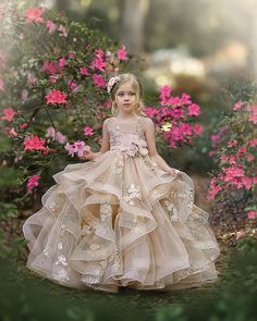 Champagne Flower Girl, Flower Girl Dresses Champagne, First Communion Dress, First Communion Dresses, Girls Pink Dress, Tiered Skirts