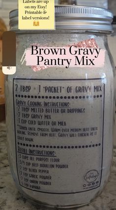 brown gravy pantry mix in a jar with labels on the top and bottom