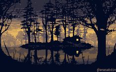 a cross stitch pattern with trees and water in the foreground, at night time