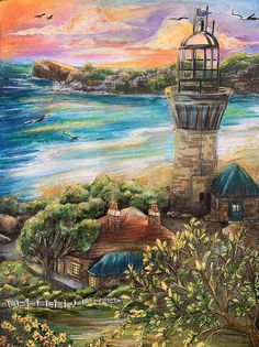 a painting of a lighthouse on the beach