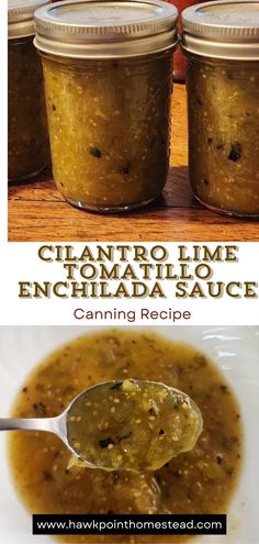 the recipe for cilantro lime enchilada sauce is shown in two images