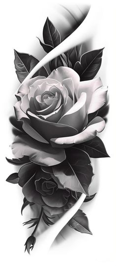 a black and white rose with leaves on it