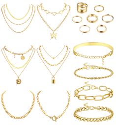 PRICES MAY VARY. Gold Jewelry for Women Set: 6 pieces gold necklaces, 4 pieces gold bracelets, 7 pieces gold rings, each costume jewelry can be wear alone or in combination with other accessories jewelry, perfect jewelry sets for women Material: Necklace bracelet ring set are made of high quality alloy, affordable, lightweight and comfortable to wear Size: Gold stacking rings come in many different sizes, gold necklace set and gold bracelet set are adjustable, fit for most people, please check t Vacation Jewelry, Valentine Anniversary, Gold Jewelry Sets, Packing Jewelry, Chunky Bracelets, Ear Cuff Earings, Women's Jewelry Sets, Knuckle Rings, Hoop Earring Sets