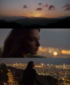 two different views of the city at night and in the day, there is a woman standing on top of a hill