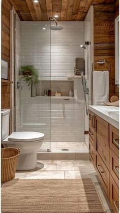 a white toilet sitting next to a walk in shower