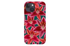 an iphone case with pink flowers on green background, and the phone cover has a red flower