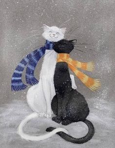 two cats are hugging in the snow with hearts on their tails and one cat is wearing a scarf