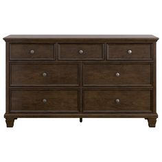 a brown dresser with six drawers