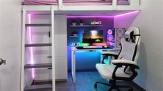 a loft bed with a desk underneath it