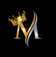 the letter m with a gold crown on top and silver letters in the bottom corner