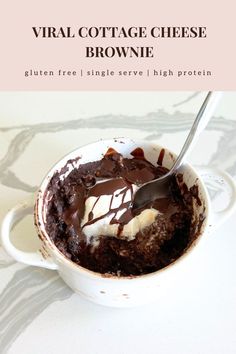 a close up of a bowl of food on a table with text overlay that reads, virtual cottage cheese brownie gluten