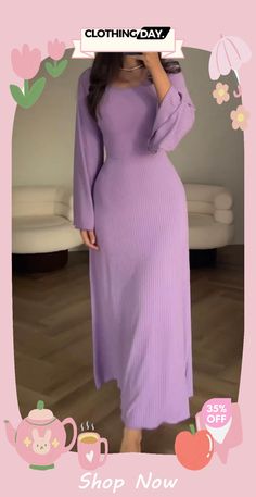 Elegant Bodycon Dress Casual Purple Maxi Dress For Party, Trendy Long Sleeve Purple Dress, Trendy Purple Long Sleeve Dress, Elegant Bodycon Sweater Dress In Solid Color, Long Fitted Purple Dress, Casual Solid Color Bodycon Dress For Brunch, Trendy Purple Fall Dresses, Trendy Fitted Maxi Dress For Brunch, Trendy Solid Maxi Length Dresses