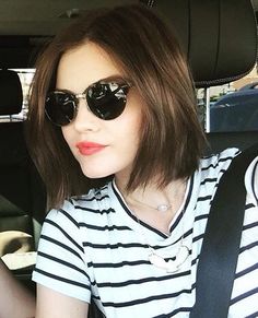 Lucy Hale raspberrily smiling in black horn-rimmed shades, brown lob, B&W striped tee Lucy Hale Bob, Brunette Bob Haircut, Dunner Wordend Haar, Brunette Bob, Best Bob Haircuts, Bob Haircut For Fine Hair, Hair 2018, Bob Hairstyles For Fine Hair, Short Straight Hair