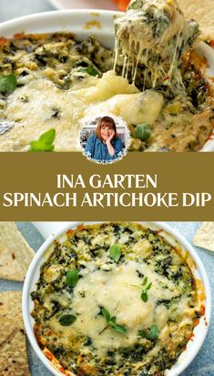 spinach artichoke dip in a white bowl with tortilla chips