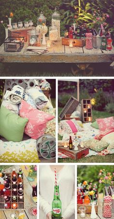 a collage of photos with bottles, candles and other things on the picnic table