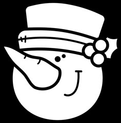 a black and white drawing of a snowman wearing a hat