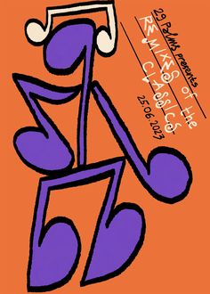 an orange and purple poster with music notes