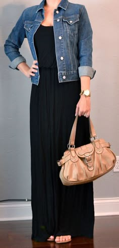 How To Wear Denim Jacket, July Outfits, Dress With Jean Jacket, Black Maxi, Outfit Posts